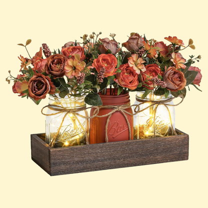 Marleen – Rustikale Mason-Jar-Vase mit Lichterkette und Kunstblumen