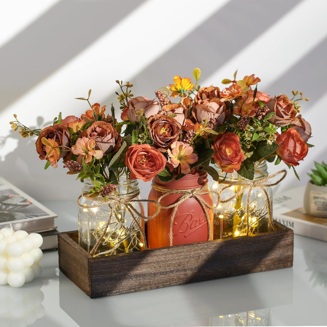Marleen – Rustikale Mason-Jar-Vase mit Lichterkette und Kunstblumen