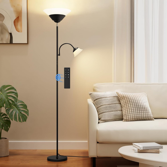 Greta – Moderne Deckenfluter-Stehlampe mit Lesearm und Fernbedienung